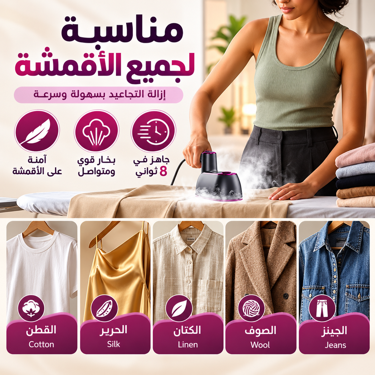 مكواة بخار محمولة 2 في 1 – إزالة التجاعيد في ثوانٍ